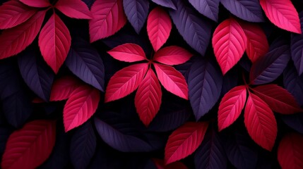 Crimson and Dusk: A captivating close-up of vibrant red and deep purple leaves, arranged in a striking pattern, creating a rich and luxurious texture. 