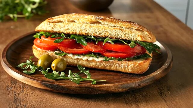 Fresh tomato and arugula sandwich on multigrain bread, arranged on a rustic wooden plate with a side of olives and a sprig of thyme.