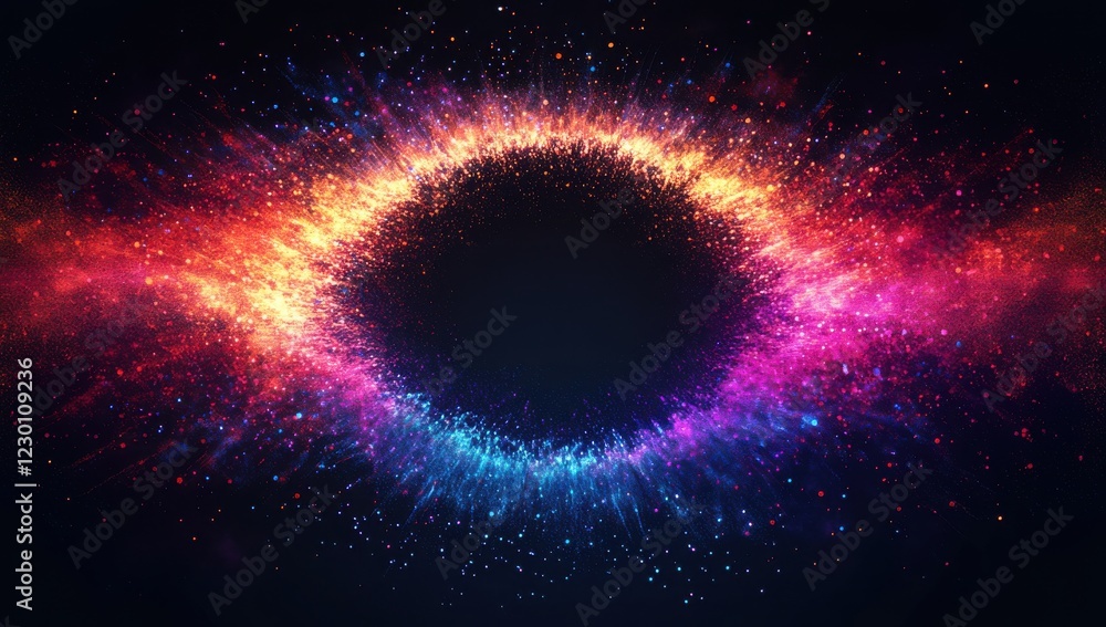 Poster Vibrant Cosmic Explosion of Light and Color in a Circular Pattern Against a Dark Background Featuring Stars and Glowing Sparkles