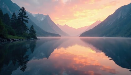 A serene and peaceful lake at dawn with soft light and reflections, lake, serenity