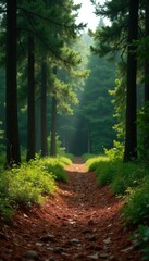 Obraz premium A serene and peaceful atmosphere is created by a thick layer of pine needles covering the ground in front of a green wall of pine trees, wildlife, needles