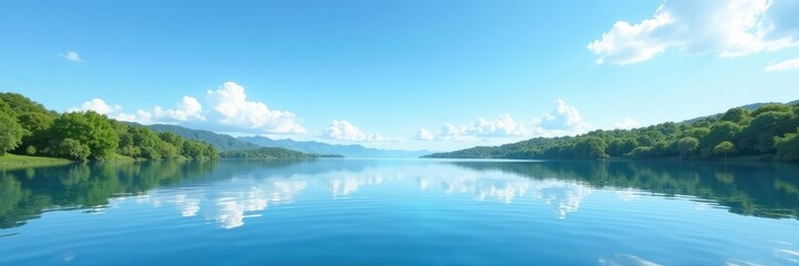 Obraz premium A serene landscape of a lake on a clear blue sky with a few wispy clouds, lake, surface, peaceful