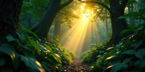 A shaft of golden light breaks through the darkness of a dense jungle, dense foliage, overgrowth, lush
