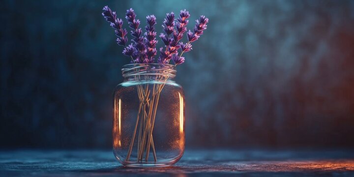 A beautiful handcrafted purple lavender bouquet in a clear glass jar, set against a dark background.