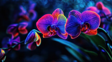 Vibrant orchids bloom, night garden, closeup