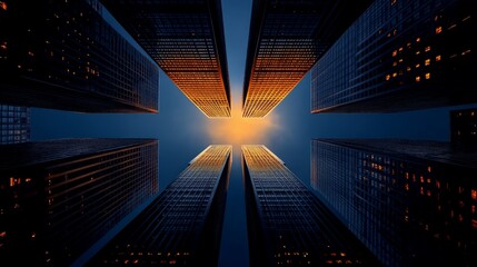 Fototapeta premium Skyward Gaze: A captivating perspective of towering skyscrapers reaching towards a glowing orange sunset, creating a sense of awe and urban grandeur. 