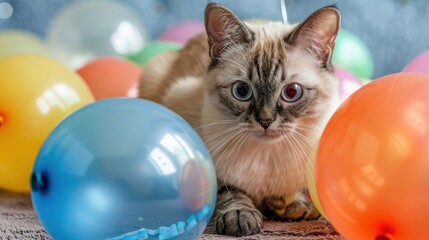 Playful cat surrounded by colorful balloons in a vibrant indoor setting, creating a festive atmosphere