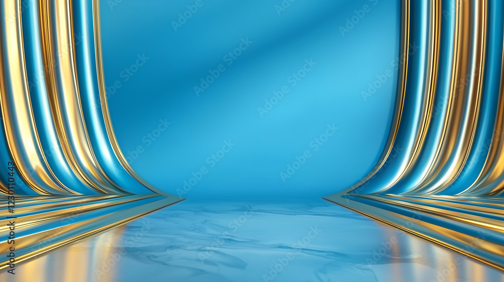 Poster luxurious abstract background with golden and blue curved lines on marble like surface