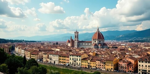 Obraz premium Cloudy sky above Florence with terracotta rooftops, TuscanHills, MedievalBuildings, AncientCity