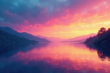 Colorful abstract gradient over a tranquil lake at dawn, gradient, colorful