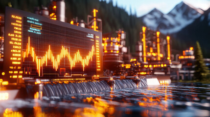 Fototapeta premium futuristic hydroelectric facility with rushing water and glowing data displays. scene captures blend of nature and technology, showcasing energy production in stunning landscape