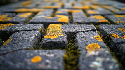 Close-up of textured cobblestone pavement with moss and lichen, showcasing nature's reclamation