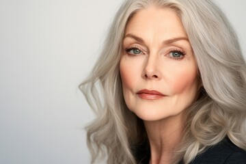 Fototapeta premium A woman with silver hair, styled in a fashionable manner, looking confident and professional. The image is a studio portrait with studio lighting that highlights her features.
