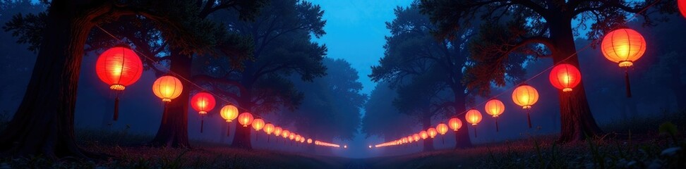 Colorful lanterns suspended from trees in a tranquil forest under a night sky, forest, glowing