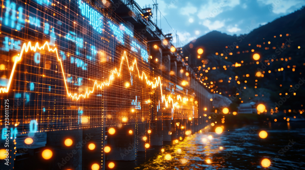 Poster glowing hydroelectric dam illuminated by data visualizations and lights, reflecting on water, create