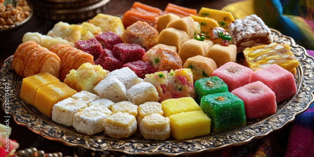 Wall mural a platter of various sweets and candies, offering a colorful array with diverse textures.