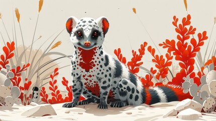 Colorful illustration of a spotted animal in a vibrant landscape with red plants and soft textures
