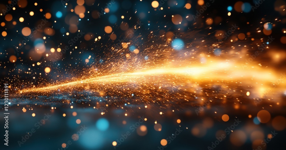 Poster vibrant glowing particle trail with sparks and bokeh effects streaming across a mysterious dark back