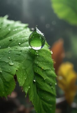 Raindrop suspended on the tip of a green leaf waiting for the inevitable fall , balance, suspension