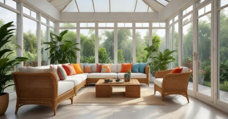 Rattan furniture and plants in a bright and airy conservatory with floor to ceiling glass windows, conservatory interior, rattan furniture