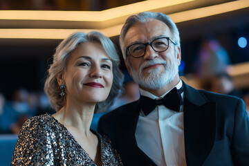 Elegant mature couple enjoying theater performance, dressed formally with joyful expressions