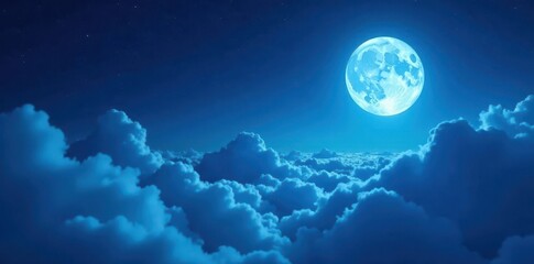 Magical blue night, bright moon, fluffy clouds, peaceful, background