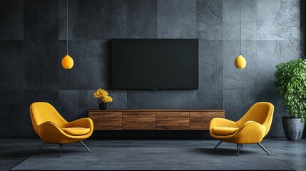 a modern living room with yellow chair and tv on dark gray stone wall.