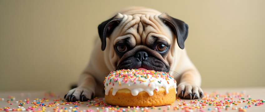 Playful food template: a fat pug covered in cream, with a guilty look, diving into a huge colorful cake with sprinkles.