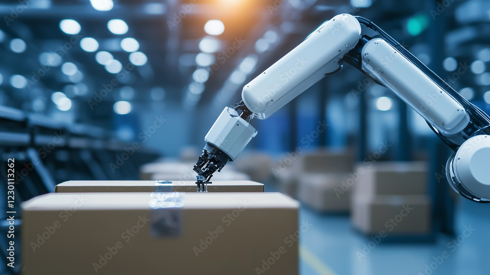 Aufkleber robotic arm in motion sorting packages in modern warehouse environment