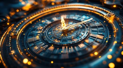 Futuristic Clock 2025 Time Success Luxury Gold Blue Metal Gears Abstract Background