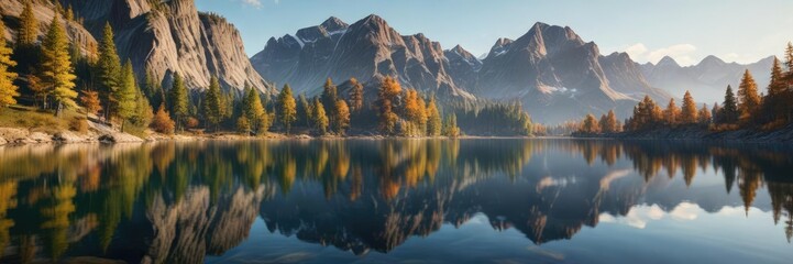 Fototapeta premium Reflections on a calm lake with surrounding mountains and trees, peaceful, nature