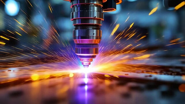 The fiber laser cutting machine control by CNC program cutting the sheet metal with the sparking light. The hi-technology manufacturing process of sheet metal by laser cutting machine .