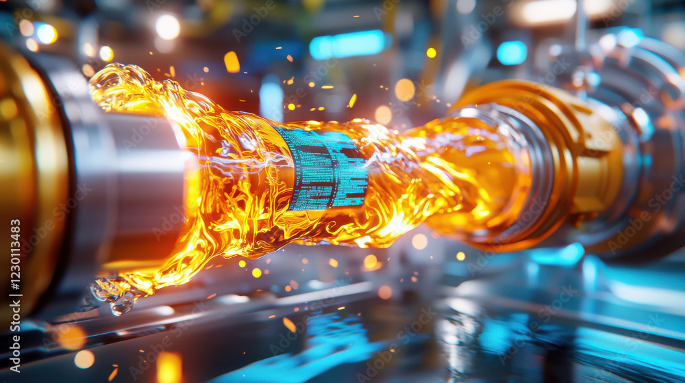 Poster modern hydroelectric station showcasing illuminated water flow, emphasizing technology and energy. v