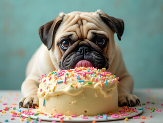 Playful food template: a fat pug covered in cream, with a guilty look, diving into a huge colorful cake with sprinkles.