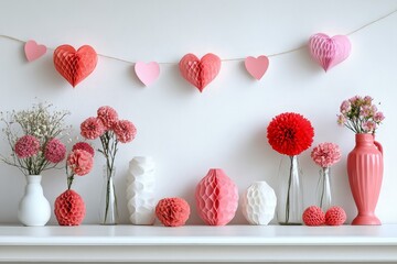 A mantel adorned with flowers, paper hearts, and decorative vases, creating a romantic and soft aesthetic.