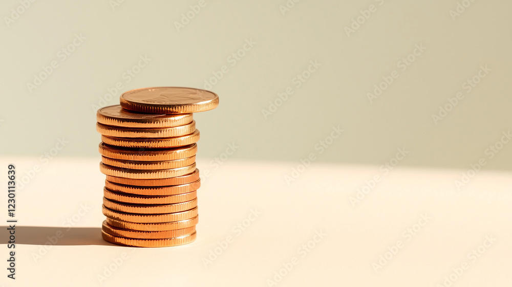 Poster stack of golden coins on light surface with soft shadow, symbolizing wealth and savings
