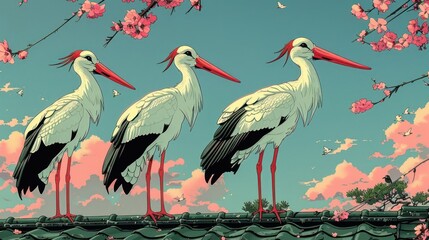 Three elegant storks perched on a traditional roof, surrounded by blooming cherry blossoms at sunset