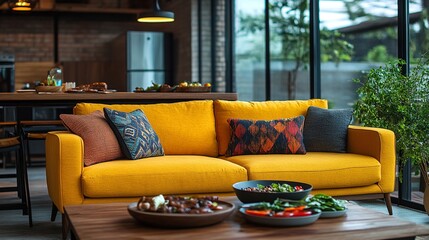 A modern living room with yellow couches and wooden floors.