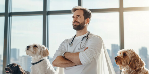 confident veterinarian in superhero pose with dogs in modern clinic
