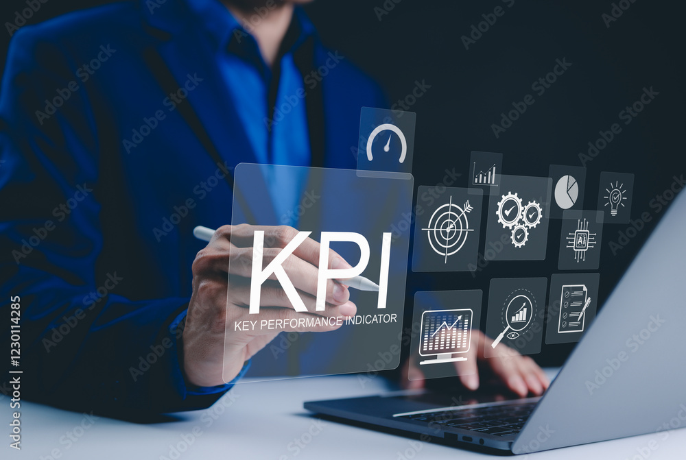 Poster kpi, analyzing key performance indicators. businessman use laptop to analyze key performance indicat