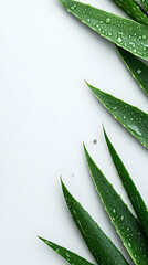 Aloe vera leaves, water drops, white background, skincare
