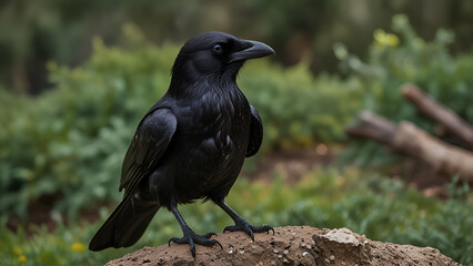 Obraz premium Black crow on the ground
