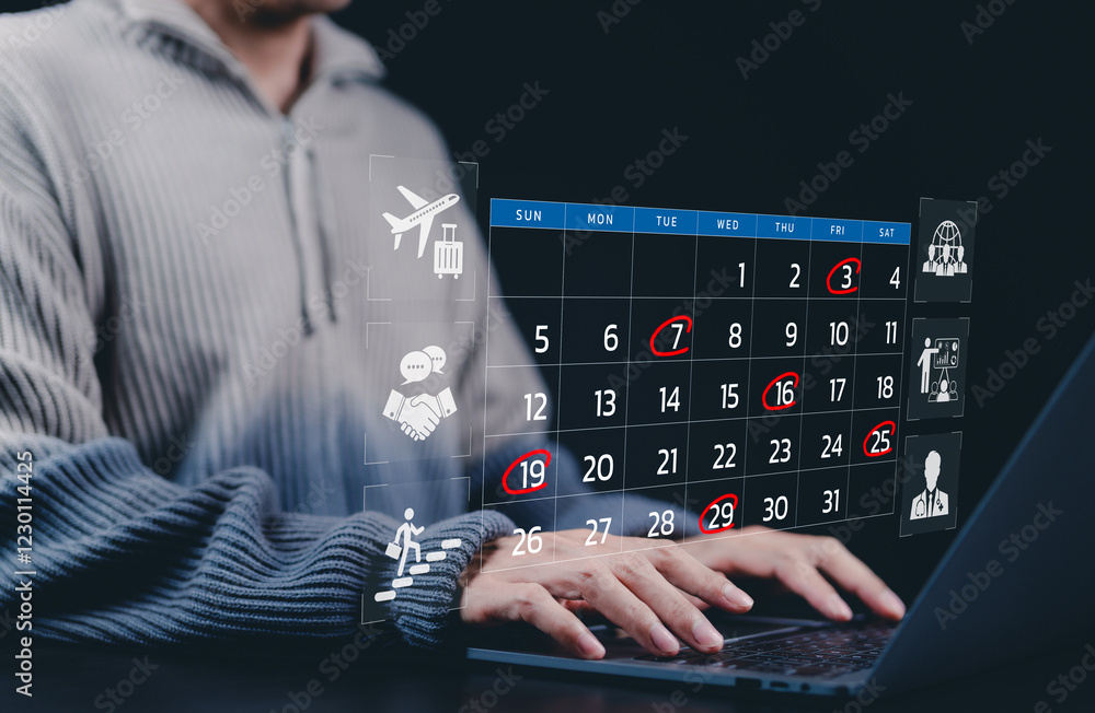 Poster time management and calendar planning concepts. a person using laptop with a digital calendar displa