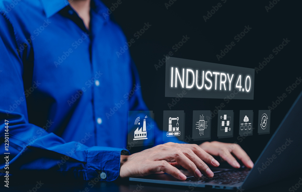 Poster smart industry 4.0 and factory automation concept. a person using a laptop with interface 