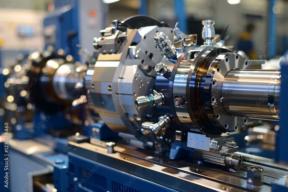Poster rotating head industrial machine part is standing in a factory, ready for its next use