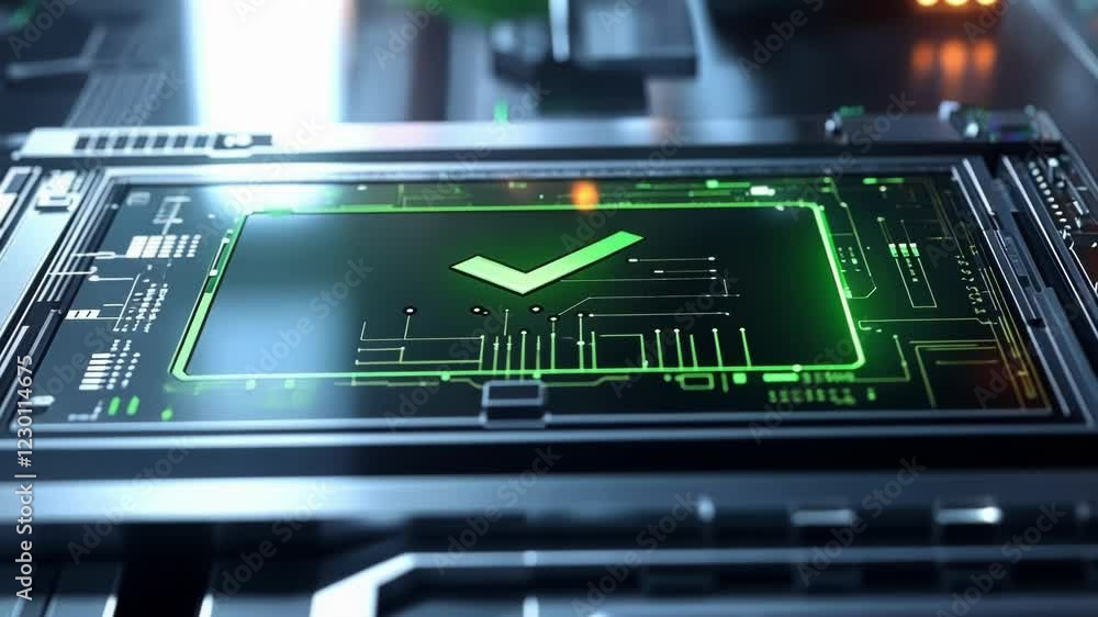 Poster a closeup of a digital tablet with a clear green checkmark is positioned against the backdrop of a h