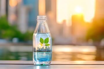 A bottle with an image of the city inside, including a river and beach blur background