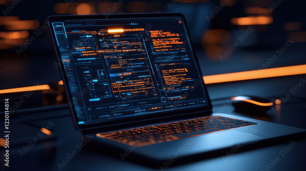 Poster sleek laptop displaying futuristic code on dark background, illuminated by orange accents, creating 