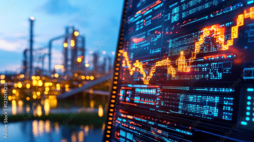 Poster vibrant visualization of hydroelectric facility with data analytics displayed on screen, showcasing 