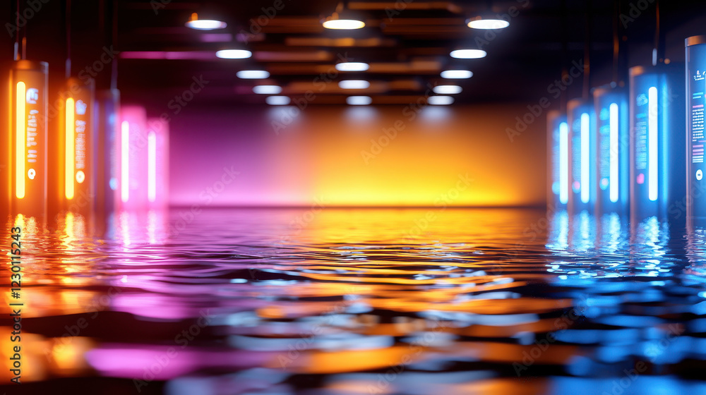 Poster vibrant visualization of hydroelectric facility with colorful lights reflecting on water. scene capt